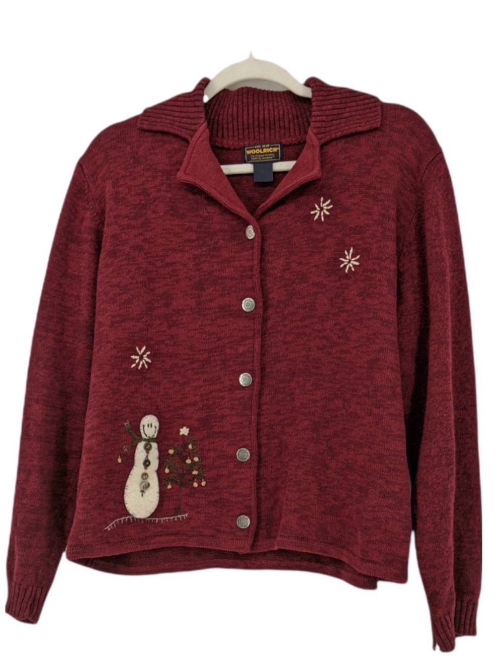 Vintage Woolrich Snowman Christmas Cardigan Sweater Ruby Red Women's Large